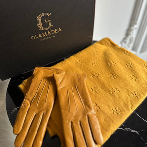 Set cadou manusi galbene din piele naturala si esarfa cashmere cu imprimeu flori 3D – premium