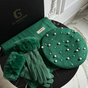 Set cadou Green – bereta lana 100%, esarfa cashmere si manusi cu blanita