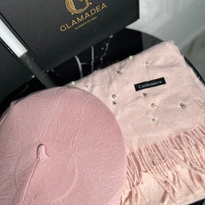 Set cadou bereta bumbac Rose Pink si esarfa cashmere cu perle