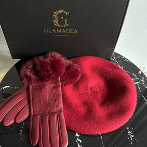 Set cadou bereta din bumbac si manusi din piele ecologica cu blanita – culoare burgundy