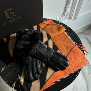 Set cadou esarfa animal print cu portocaliu, negru, alb si nude din cashmere–bumbac–vascoza si manusi din piele ecologica cu blanita