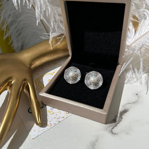 Cercei Leia , zirconiu cubic AAA, placati aur alb, perla GLAMADEA