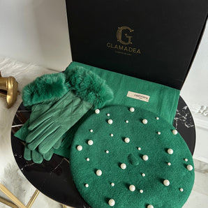 Set cadou Green – bereta lana 100%, esarfa cashmere si manusi cu blanita