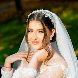 Diadema mireasă flexibilă, Ivone, perle, cristale, placată argint Glamadearo