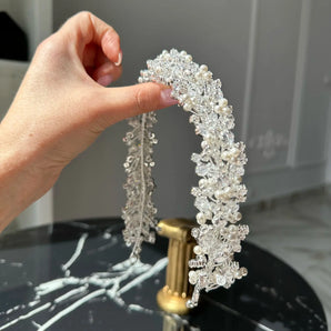 Diadema mireasă Roya, placata aur alb, zirconiu cubic AAA, perle GLAMADEA
