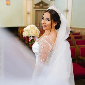 Diadema mireasă tip coroniță, Sibel, perle, zirconii cubice, placată aur alb Glamadearo