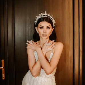 Diademă mireasă, Aysun, coroană zeiță, zirconiu cubic, placată aur alb Glamadearo