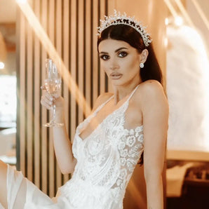 Diademă mireasă, Aysun, coroană zeiță, zirconiu cubic, placată aur alb Glamadearo