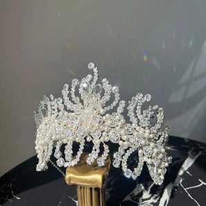 Diadema mireasă, Nore, zirconiu cubic, placată aur alb, perle GLAMADEA