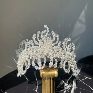 Diadema mireasă, Nore, zirconiu cubic, placată aur alb, perle GLAMADEA