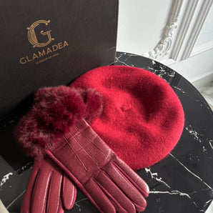 Set cadou bereta din bumbac si manusi din piele ecologica cu blanita – culoare burgundy