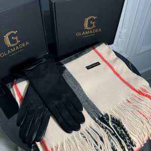 Set manusi din piele naturala si esarfa cashmere cu imprimeu in romburi – nude, negru si rosu