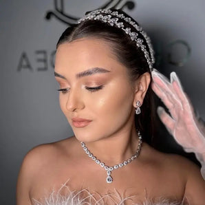 Set colier si cercei Meduse, placat aur alb, zirconiu cubic AAA