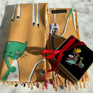 Set Mărțișor eșarfa și broșa Aristocrat Cats, cashmere, aliaj metalic, cadou