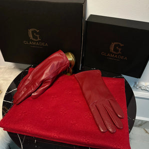 Set Esarfa Cashmere si Manusi Piele Naturala Red Burgundy, Flori 3D, Cadou Elegant Femei GLAMADEA