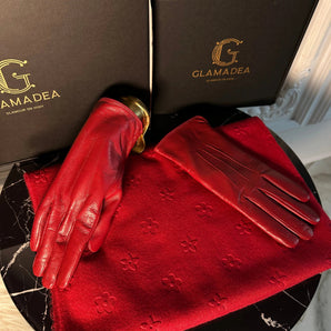 Set Esarfa Cashmere si Manusi Piele Naturala Red Burgundy, Flori 3D, Cadou Elegant Femei GLAMADEA