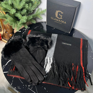 Set Esarfa Neagra Casmir si Manusi negre din Piele Naturala, carou GLAMADEA