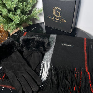 Set Esarfa Neagra Casmir si Manusi negre din Piele Naturala, carou GLAMADEA