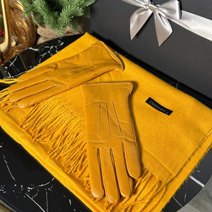 Set Esarfa Yellow Casmir si Manusi galben din Piele Naturala, cadou GLAMADEA