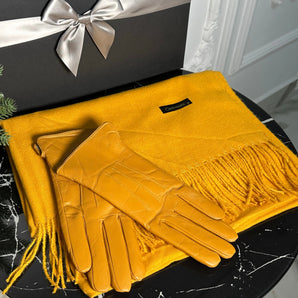 Set Esarfa Yellow Casmir si Manusi galben din Piele Naturala, cadou GLAMADEA