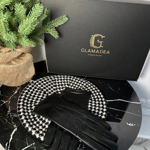 Set beretă si mănuși Roma , cașmir pufos, piele naturală 100% GLAMADEA