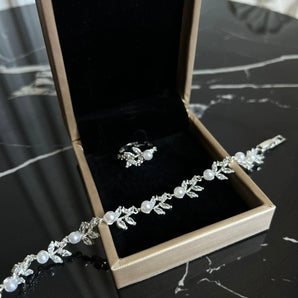 Set bratara si inel Paloma, placat aur alb, zirconiu cubic AAA, perle GLAMADEA