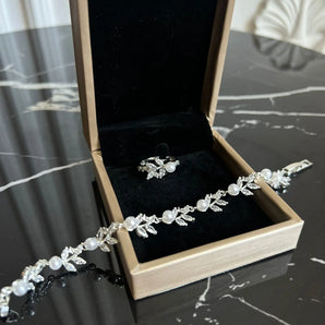 Set bratara si inel Paloma, placat aur alb, zirconiu cubic AAA, perle GLAMADEA