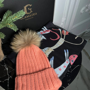 Set caciula si esarfa Naty, pisici, chic, cadou, blăniță naturală GLAMADEA