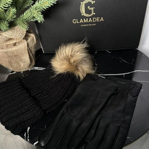Set caciula si manusi Black, manusi din piele 100%, lana GLAMADEA