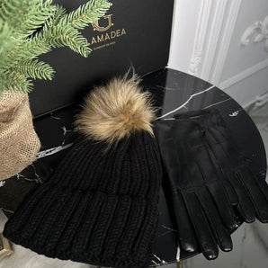 Set caciula si manusi Black, manusi din piele 100%, lana GLAMADEA