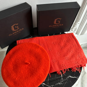 Set cadou esarfa cashmere cu imprimeu relief floral si bereta lana prelucrata – rosu coral GLAMADEA