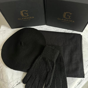 Set cadou negru Black cu esarfa mix cashmere, vascoza si lana, bereta lana 100% si manusi lana 100% GLAMADEA