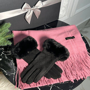 Set eșarfă cașmir și mănuși blăniță California, roz , negru GLAMADEA