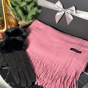 Set eșarfă cașmir și mănuși blăniță California, roz , negru GLAMADEA