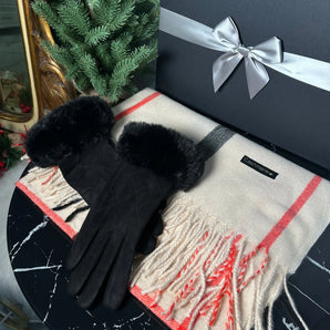 Set eșarfă cașmir și mănuși blăniță Chiara, bej , carou GLAMADEA