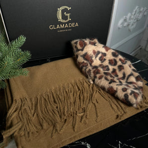 Set esarfa casmir si bereta pufoasa , maro, animal print GLAMADEA