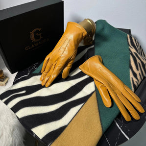 Set esarfa si manusi Kemina, cashmere, piele intoarsa GLAMADEA