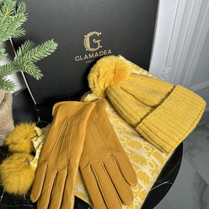 Set esarfa si manusi Ronys, cashmere PREMIUM, manusi din piele 100% GLAMADEA
