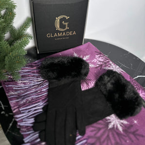 Set esarfa si manusi Snowflake Purple, cashmere, manusi din piele 100% GLAMADEA