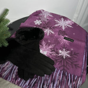 Set esarfa si manusi Snowflake Purple, cashmere, manusi din piele 100% GLAMADEA