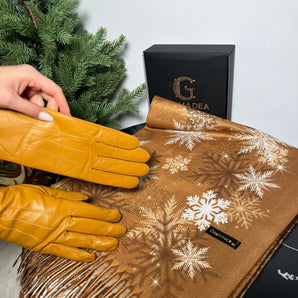 Set esarfa si manusi Snowflake Yellow, cashmere, manusi din piele 100% GLAMADEA
