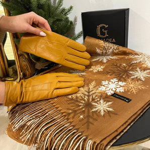 Set esarfa si manusi Snowflake Yellow, cashmere, manusi din piele 100% GLAMADEA