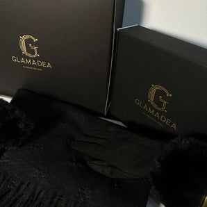 Set esarfa si manusi Wemina, cashmere Premium, piele intoarsa GLAMADEA