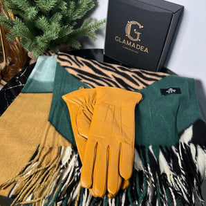 Set esarfa si manusi Zebra, cashmere, manusi din piele 100% GLAMADEA