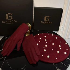 Set iarnă Elegant: Bereta Lana cu Perle și Manusi Calduroase Burgundy GLAMADEA