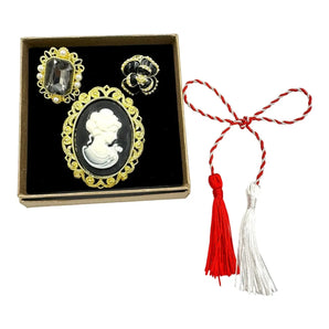 Set Mărțișor 3 broșe vintage, Ozana, aliaj zinc, auriu, perle, cristale