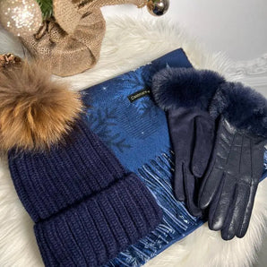 Set accesorii iarnă Mano, căciulă, mănuși și eșarfă, PREMIUM, cashmere, albastru - GLAMADEA