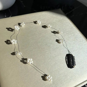 Diadema mireasă finuță, Paly, flexibilă, perle, cristale fațetate, fir argintat