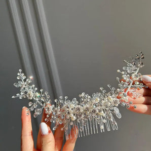Diadema mireasă flexibilă model floral, Hilary, perle, cristale, argintiu - GLAMADEA
