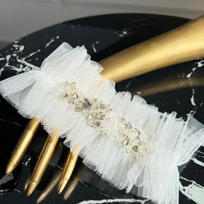 Jartiera mireasă, Deni, tulle, fundă, handmade, cristale - GLAMADEA